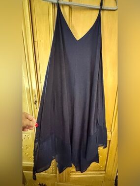 Tommy Bahama Navy Handkerchief Hem Swing V Neck Dress Size M Soft Stretch